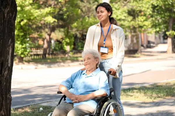 stock photo young african american female medical worker walking elderly woman wheelchair